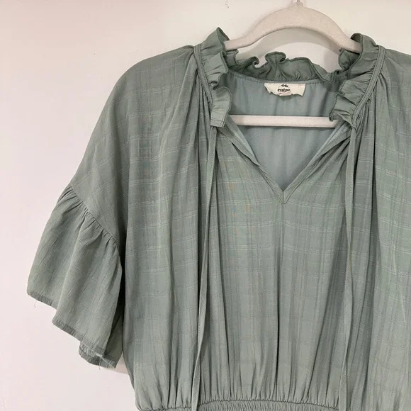 Entro Tiered Ruffle Mini Dress Women Large Sage Green Smocked Waist Cottagecore - Picture 2 of 9